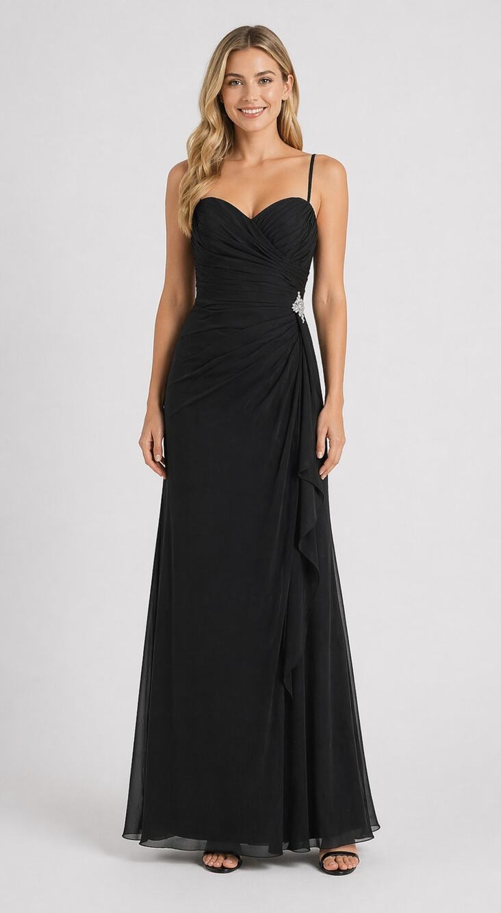 Val Stefani Long Chiffon Black Formal Dress With Draped Bodice. Womens Size 4